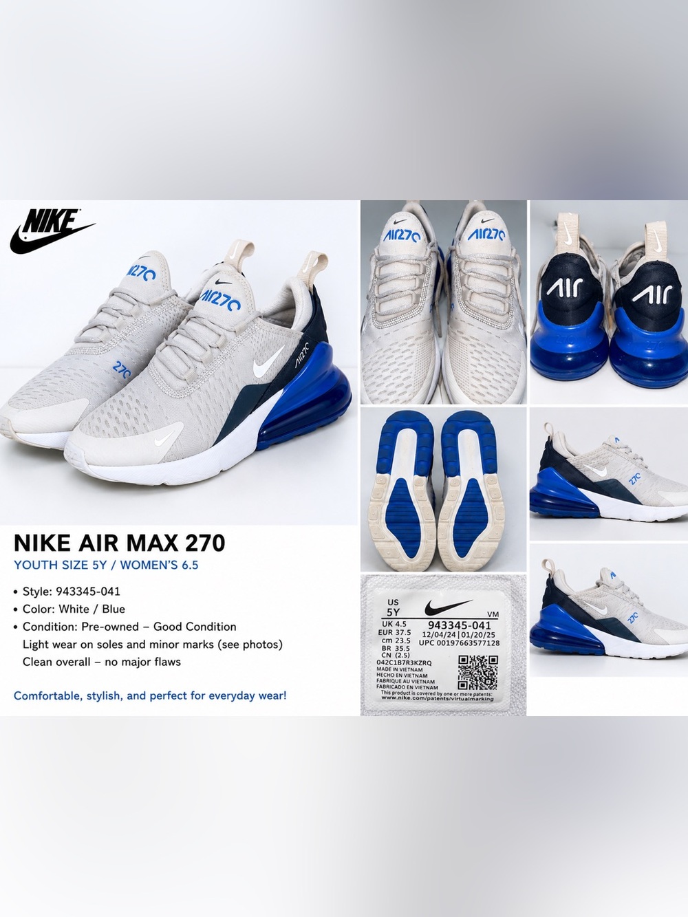 Nike Air Max 270 Light Gray & Royal Blue Sneakers